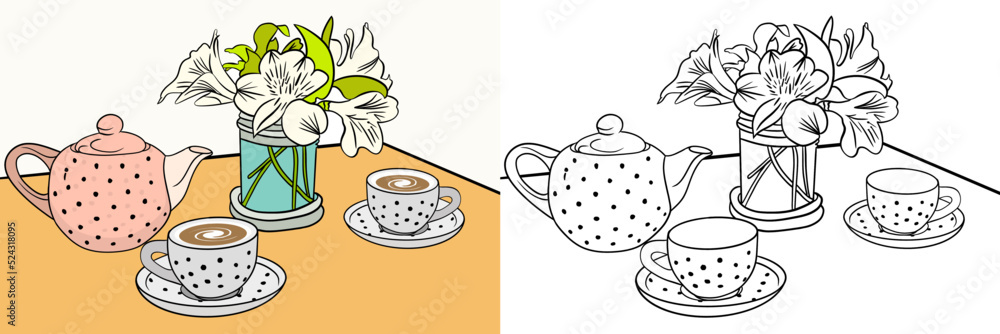 Hand drawn tea pot and cups vector with flower vase and line drawing to fill with colors.