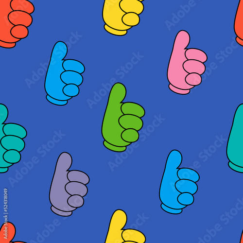 Pattern of hands showing thumbs up on a blue background in the style of pop art for print and design. Vector clipart.