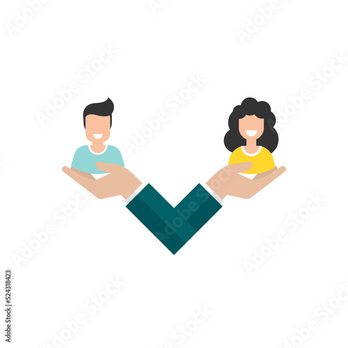 Gender and sexual equality concept. Businessman hand holds man and woman avatars. Balance between male and female. Fair comparison concept.