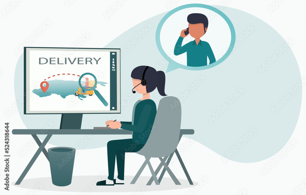 Call center helps to track the products of customers. Notify the delivery location, coordinate between customers and the company's products. EPS10 vector illustration.. Call center helps to track the products of customers. Notify the delivery location, coordinate between customers and the company's products. EPS10 vector illustration..