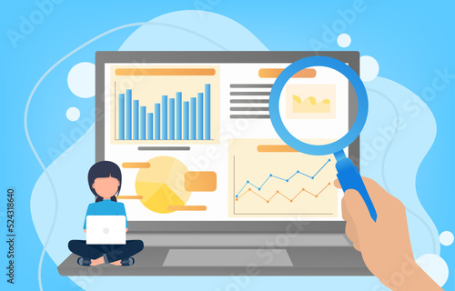 Business concept. Businesswoman reading online analysis and reviews. The dashboard displays data in high resolution. Find graphs and diagrams. Vector illustration Eps10.