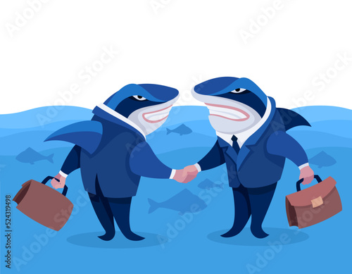 Shark Businessmen Shaking Hands. Business Partnership Concept.