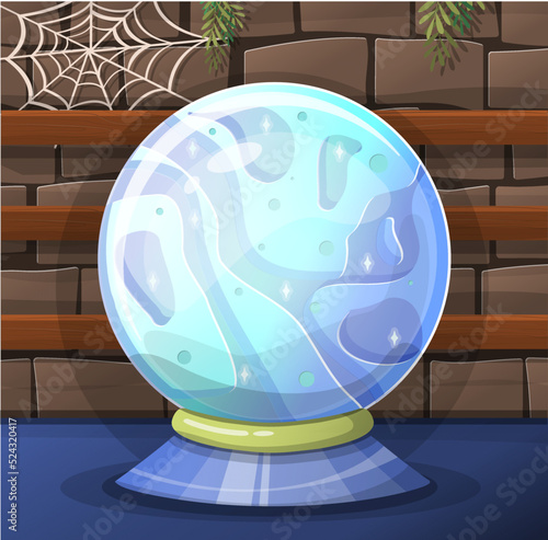 Vector magic fortune sphere glass ball. Witchy Magic Crystal Ball, Fortune Teller, magic crystal balls. Predictions and positive affirmations,healing hands, Sacred Witch and Mystical Symbols. Cartoon
