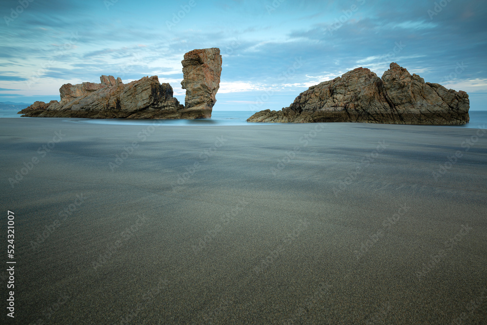 Landscape view of Bayas beach on the Asturian coast, Spain. Travel and vacation destination. Space for text.