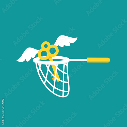 Butterfly net and golden key with wings. Catch, hunt, chase money symbol.