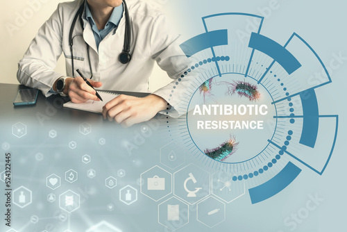 doctor studying antibiotic resistant bacteria, resistance, bacteriology, infections, 3d illustration