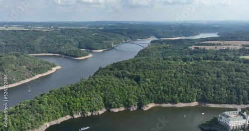 The Zdakov Bridge Steel Arch Bridge that spans the Vltava River,Czech Republic. Aerial View. Czechia, Europe. photo