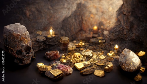 In a stone cave on a smooth surface lies treasure.