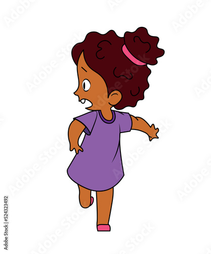 girl with a heart. Cute dark-skinned curly-haired little girl got scared and runs away. gestures and expressions. fear and panic.