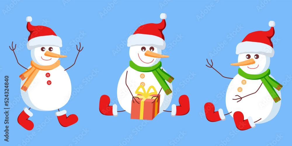 Seamless border of three cute snowmen opening a Christmas present.