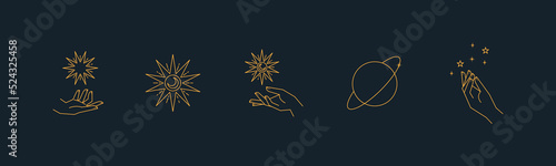Aesthetic astral hands. Collection of cosmic and celestial elements with sun, moon and stars. Isolated editable linear vectors.