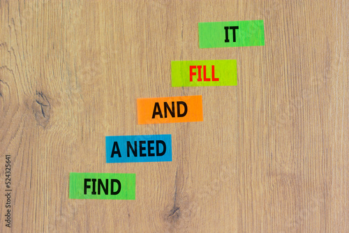 Find a need and fill it symbol. Concept words Find a need and fill it on color papers on a beautiful wooden background. Business and find a need and fill it concept. Copy space. photo