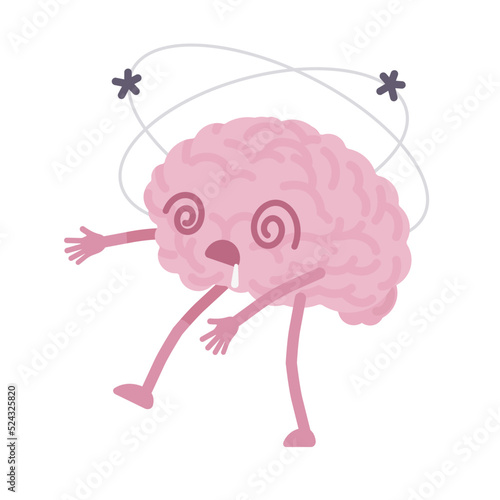 Dizzy human brain cute character losing balance pose. Spinning around in Alzheimer's disease, dementias, Parkinson movement disorder problem, trauma, stroke, seizures. Vector flat style illustration