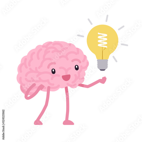 Smart human brain cute character holding lamp bulb. Young, healthy, sharp idea, productive cognitive health, personal success and business achievement. Vector flat style illustration