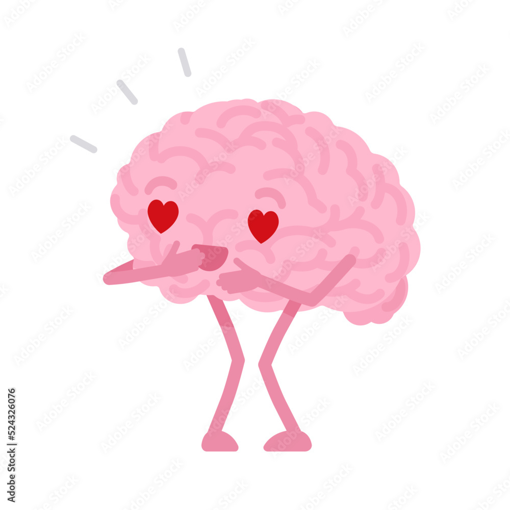 Obraz premium Human brain cute character in love. Heart-shaped eyes, strong emotional attachment and sexual attraction, deep pleasure, adoration or gratitude, tender attachment. Vector flat style illustration