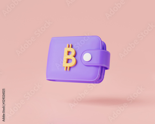 Bitcoin gold coin with wallet isolated on pink background. Virtual cryptocurrency, Business financial, Bitcoin Crypto, earnings and savings concept. 3d render illustration. Cartoon minimal style