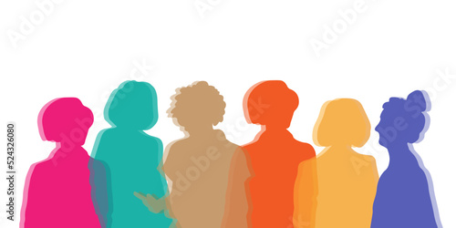 cultural communication  diverse people  interactivity between members of different girls and woman. Silhouette heads faces in profile of multiethnic and multicultural people.