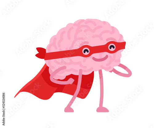 Human brain cute character in mask and hero cloak. Super smart, high cognitive performance, memory superpowers, mentally gifted, creativity and outstanding achievement. Vector flat style illustration