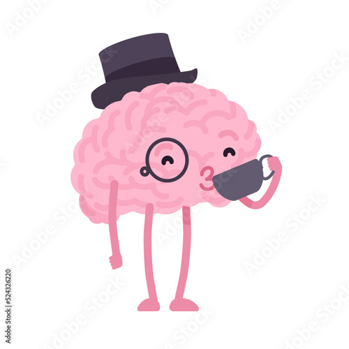 Elegant human brain cute character with hat, coffee. Getting strength, vitality, power, ability to be physically and mentally active, encourage to increase or improve. Vector flat style illustration