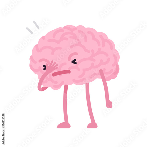 Face palm human brain cute character in worry. Showing shame, denial, and bitterness, mental frustration, rage, dismay, exasperation, embarrassment gesture. Vector flat style illustration