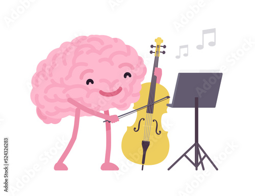 Talented human brain cute character playing cello. Healthy emotional intellectual development, enthusiasm, active development in early years, educational achievement. Vector flat style illustration