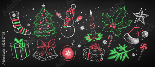 Chalk drawn set of Christmas illustrations