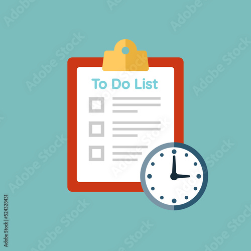 vector check list clipboard with alarm clock icon design illustration. Fast accomplished task, time work for report, done exam, ready document, dot do list, urgent order, fast solution.