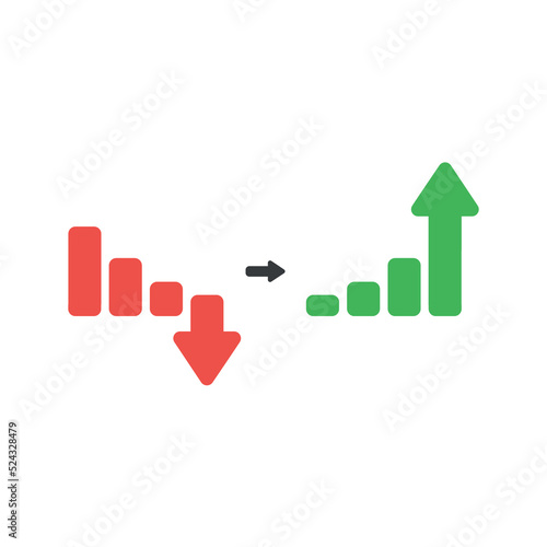 Graph going Up and Down sign with green and red arrows vector. Flat design vector illustration concept of sales bar chart symbol icon with arrow moving down and sales bar chart with arrow moving up.
