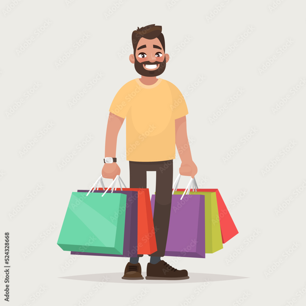 man carries Shopping Packages. Mature Cartoon character after successful shopping. man with colorful shopping bags in hands. Vector illustration on white background
man carries Shopping Packages. Mature Cartoon character after successful shopping. man with colorful shopping bags in hands. Vector illustration on white background