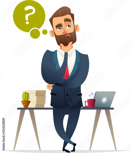 Successful beard businessman character thinking. Thinking man surrounded by question mark. Business concept illustration
