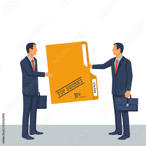 Person give secret documents. Top secret folder. Documents confidentially. Paper information in file. Deal transmission of information. Cartoon flat vector illustration design
