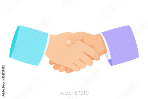 Shaking hands business vector illustration with abstract rays, symbol of success deal, happy partnership, greeting shake, casual handshaking agreement flat sign design isolated on green background