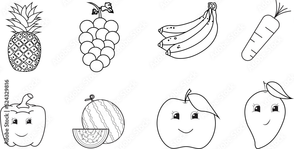 Cute fruits set coloring page isolated on the white background with pineapple, grapes, banana, carrot, apple, watermelon, mango. Cute fruits set coloring page isolated on the white background with pineapple, grapes, banana, carrot, apple, watermelon, mango.