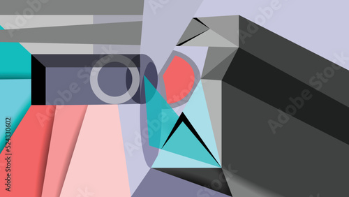 Geometric abstract wallpaper in cubist style. Cubist vector art. Geometric surfaces with many views. Colorful palette of objects. Cubist wallpaper with balanced colors.