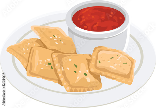 Breaded fried Italian ravioli with hot marinara tomato dipping sauce. Flat vector illustration isolated on white background