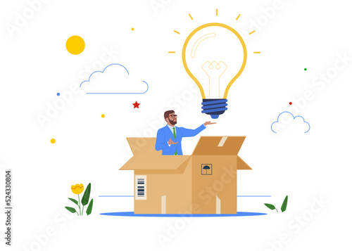 Businessman get out of paper box with new illumination lightbulb idea. Creativity to create different business idea or motivation and innovation, think outside the box.