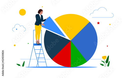 Businesswoman on ladder arrange pie chart as rebalancing investment portfolio to suitable for risk and return. Investment asset allocation and rebalance.