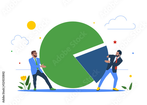Businessman and man fighting for more market share pie chart. Market share percentage of industry sale, battle to gain more sale.
