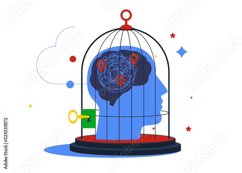 Bird cage lock over depressed fearful human brain. Fixed mindset, negative emotion refuse to learn anything new, mental lock, aversion disorder.
