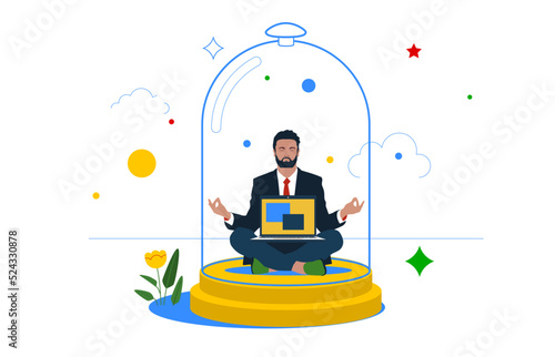 Introvert disconnected businessman working alone with computer laptop covered inside glass dome. Introvert working space, employee work productivity when working alone.