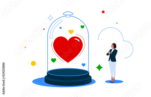 Shiny heart shape covered inside strong glass dome. Life insurance family protection, guarding and security cover your love one, protect from illness. Health or disease.