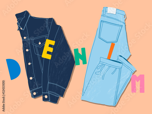 Denim jacket, jeans and lettering flat lay style. Trendy top down view illustration. Autumn denim style. Modern minimalistic group of clothes design for web card, banner.