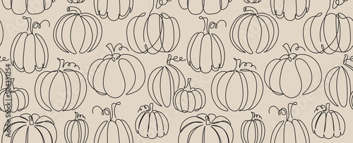 Continuous line seamless pumpkin pattern. Line art fall background. Autumn vector illustration