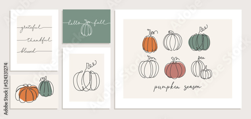 Happy Thanksgiving greeting card set with continuous line art pumpkins and lettering vector illustration.