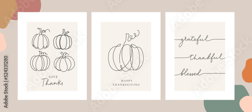 Thanksgiving greeting cards and invitations set with one line art pumpkins vector illustration