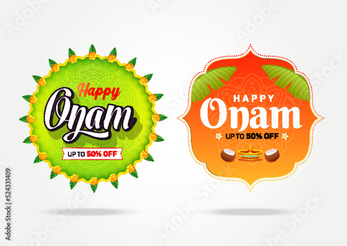 South India's Happy Onam Discount upto 50% off Banner, Logo design, Sticker, Concept, Greeting Card, Template, Icon Unit, Label, Web, Poster, logo unit