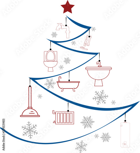 Plumber tools on Christmas tree, xmas elements and holiday decorations.