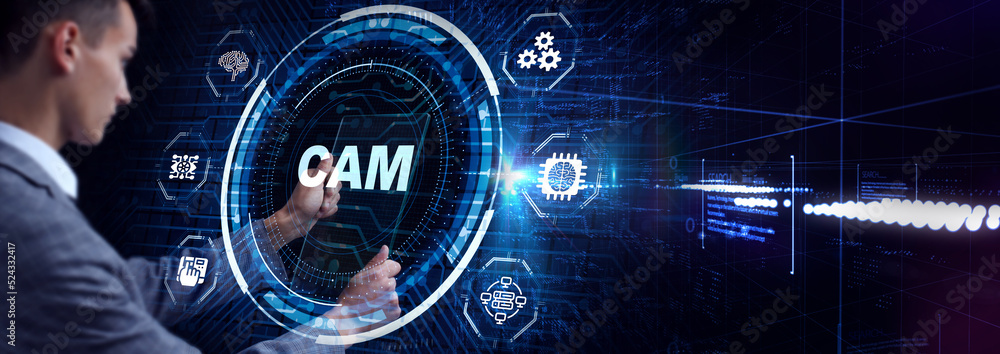 CAM Computer-aided manufacturing industrial technology automation concept.