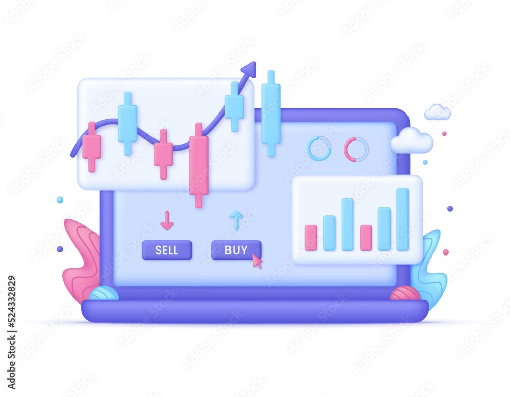 Obraz premium 3D Cryptocurrency trading online on computer illustration. Stock market chart. Market analytics and trading concept. Trading strategy. Global stock exchanges index.