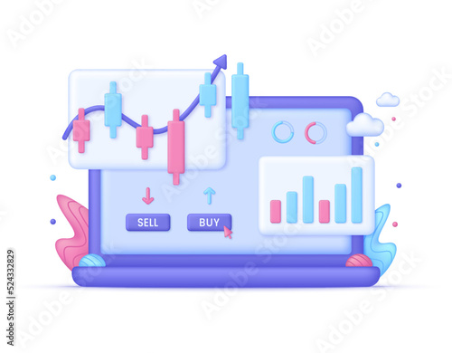3D Cryptocurrency trading online on computer illustration. Stock market chart. Market analytics and trading concept. Trading strategy. Global stock exchanges index.